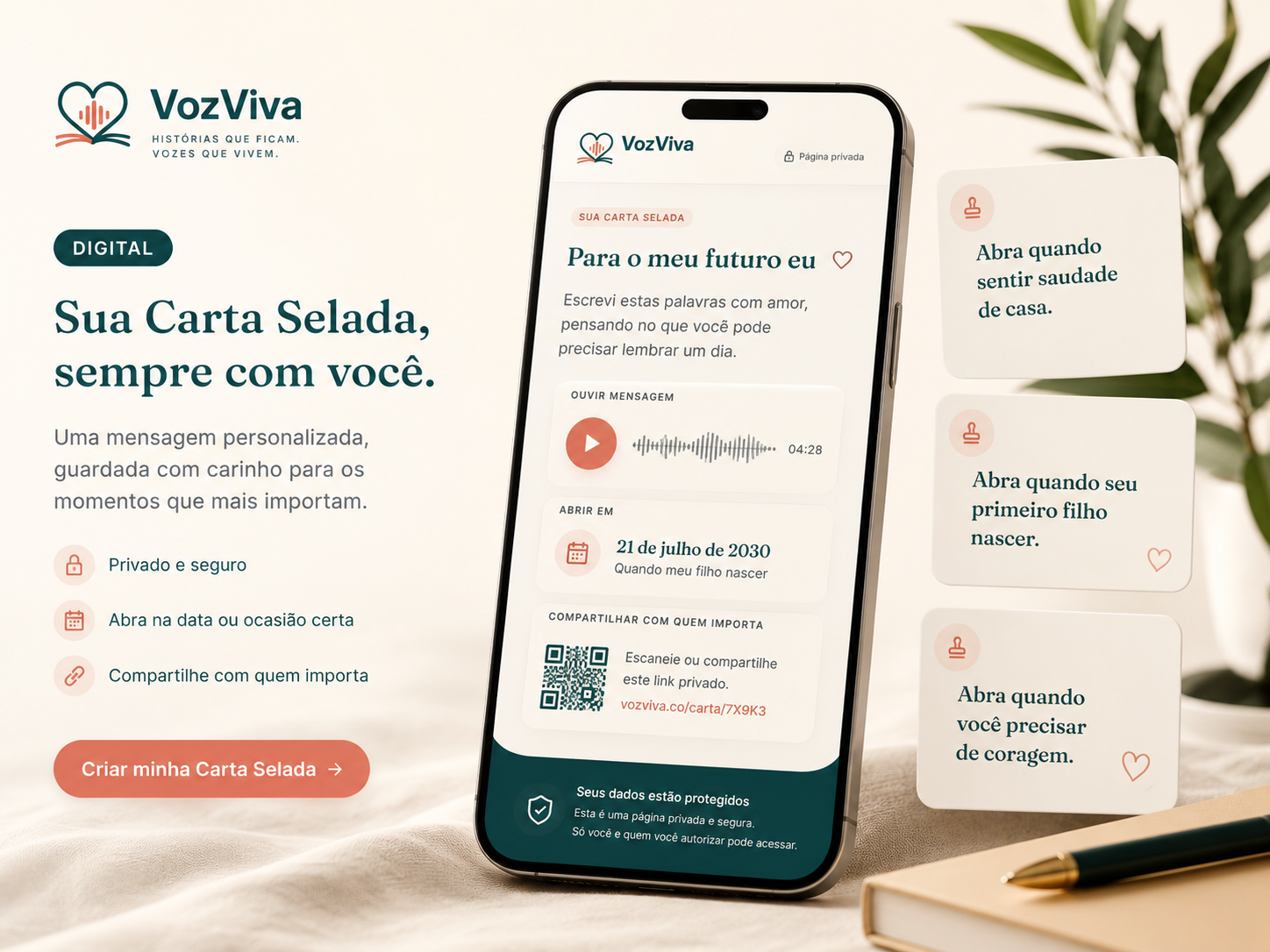 Exemplo da Carta Selada digital em um celular com áudio, data de abertura e QR code