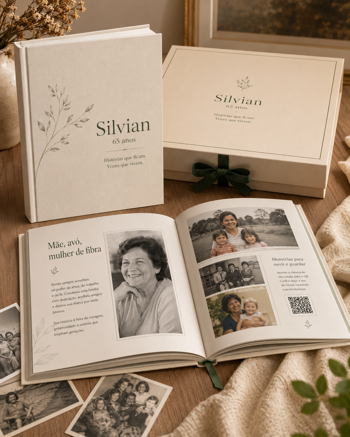 Finished VozViva® memory book in a hardcover gift box, pages open showing photos and a QR Code.