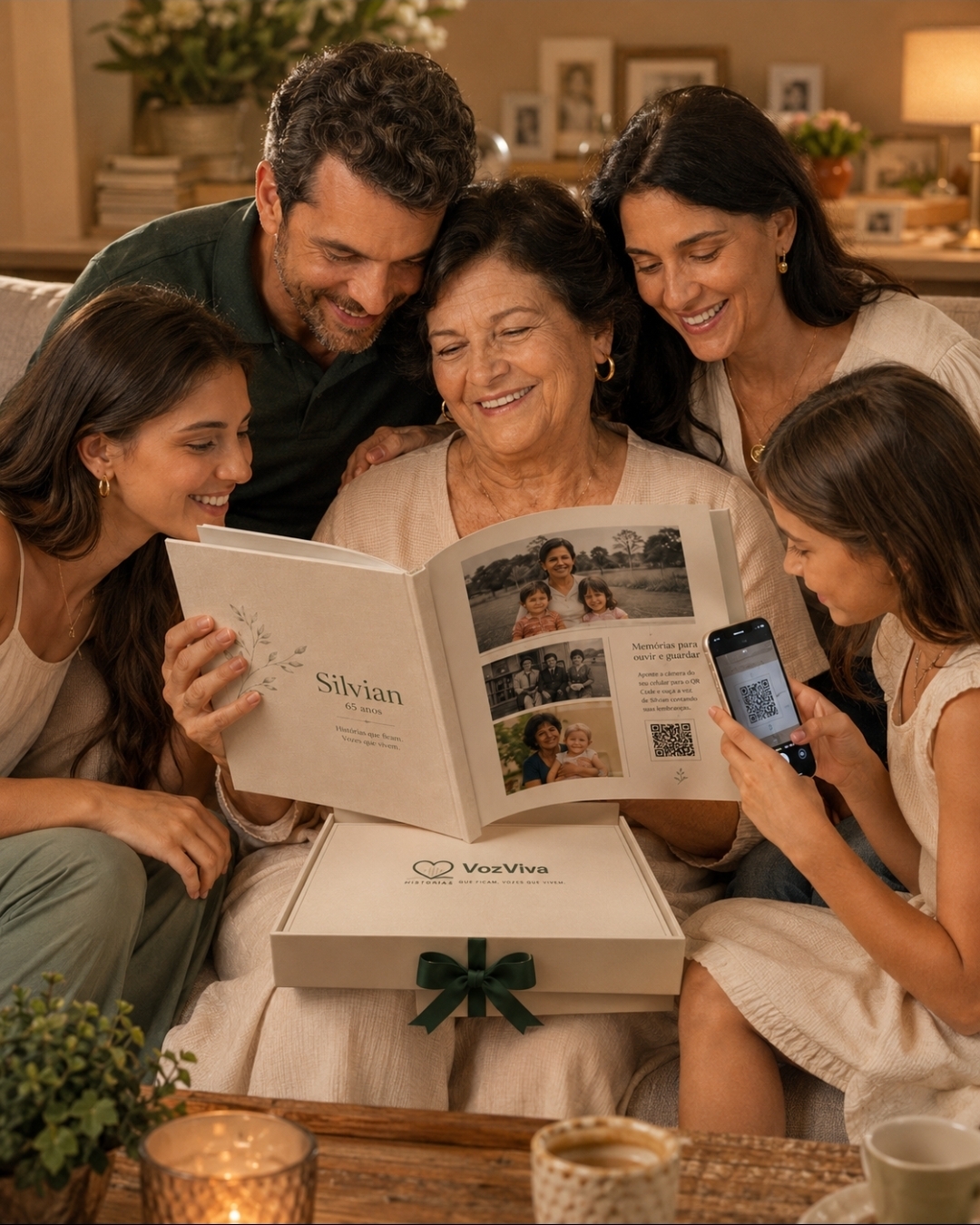 Family gathered around Mrs. Silvian paging through her VozViva® book and scanning the QR Code to hear her voice.