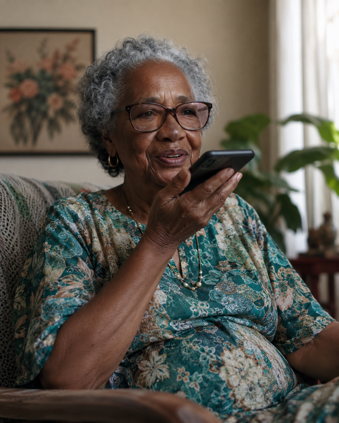 Person recording an audio answer to tell their story.